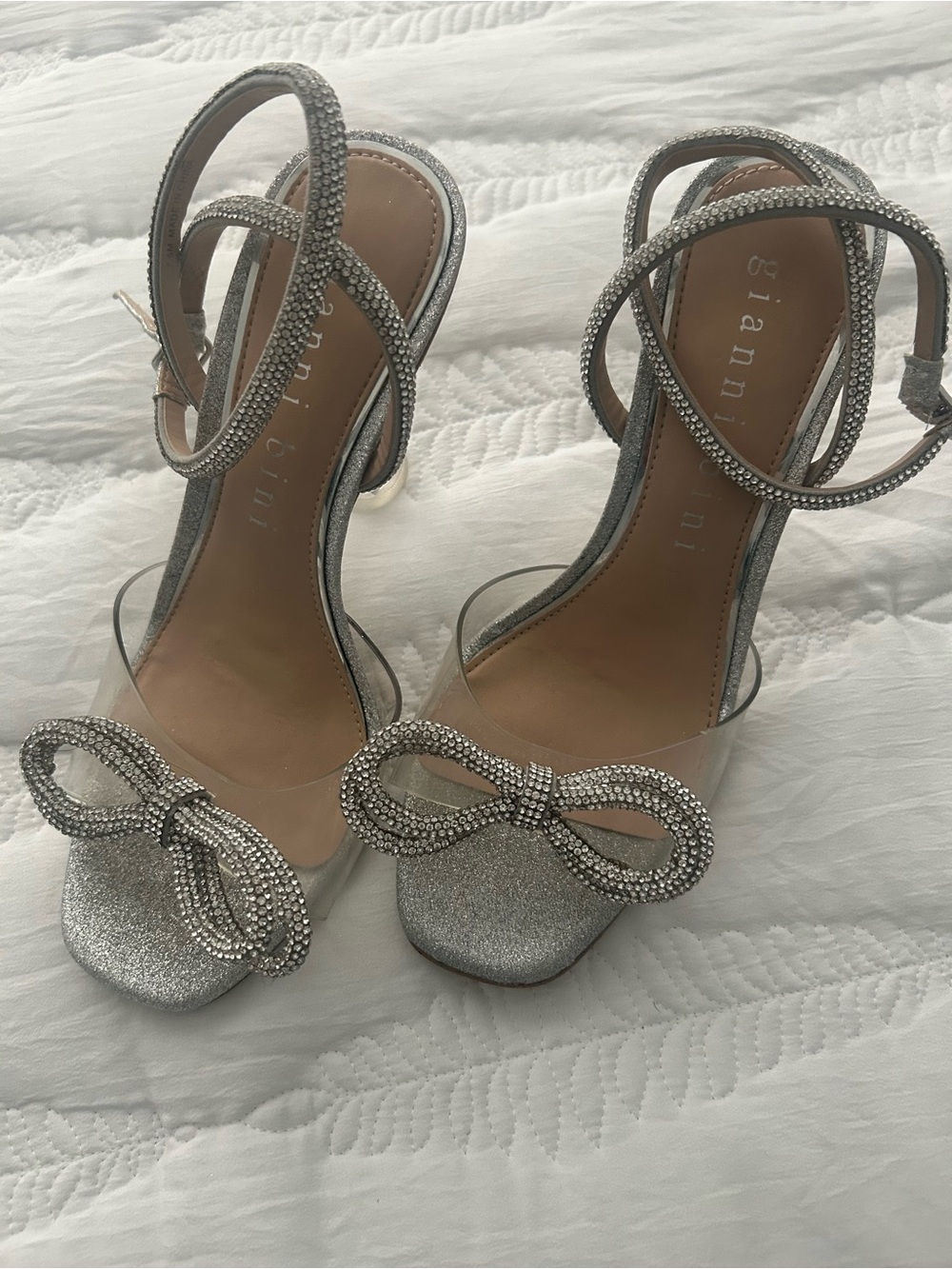 Gianni Bini Silver Crystal Bow Ankle-Strap Heels